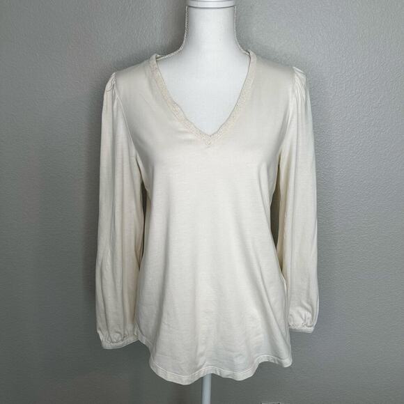 Lauren Ralph Lauren beaded v-neck long sleeve  puff sleeve cream top size M - Picture 1 of 10